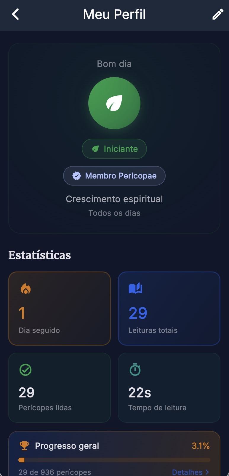 Perfil com estatísticas e progresso